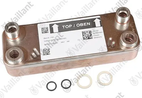 Vaillant Wärmetauscher mit mehreren Anschlüssen und zwei O-Ringen, beschriftet mit "TOP / OBEN" auf der Oberseite, aus Metall gefertigt.